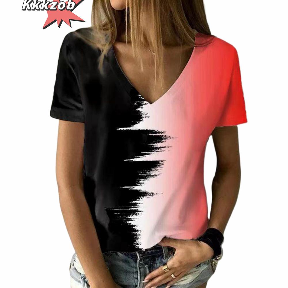 Women's T-Shirt Solid Color Gradient 3D Printing V-Neck Women's Tops Summer Women's Casual Fashion Loose Hundred Short-Sleeved