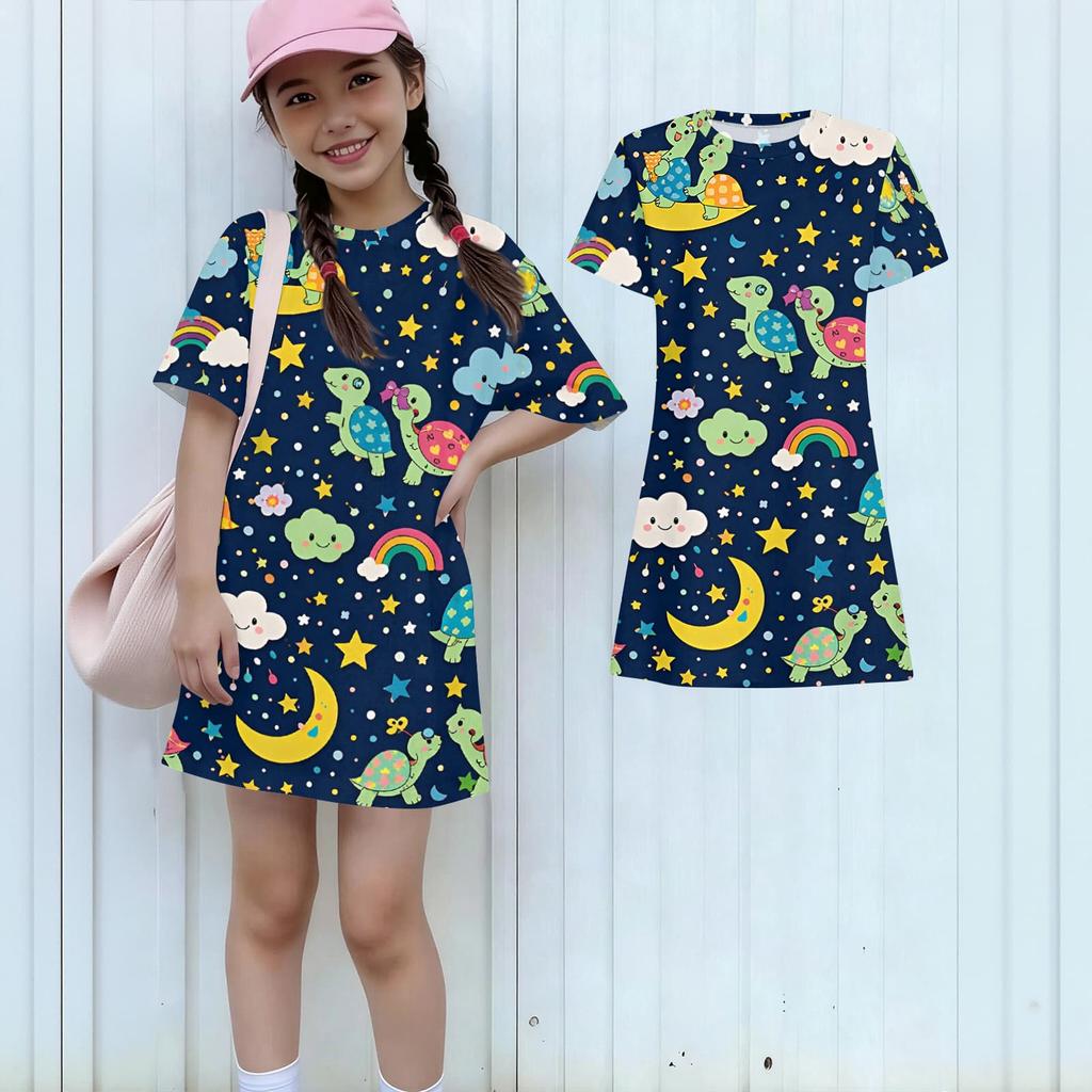 Girls Print Casual Dress Kids Loose Round Neck Short Sleeve Thin Sundress