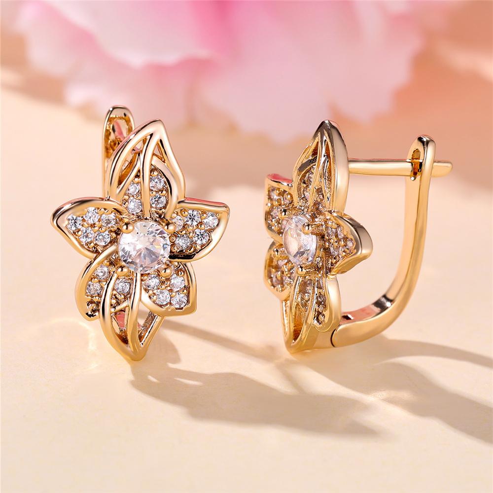 Charm Female White Crystal Zircon Stone Flower Hoop Earrings Gold Color Simple Wedding Jewelry For Women