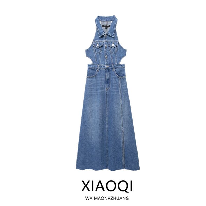 Fashion Style 2024 Summer New Arrival Female Adult Lady like Woman Vacation Style Cut Out Slit Denim Dress Uwh864
