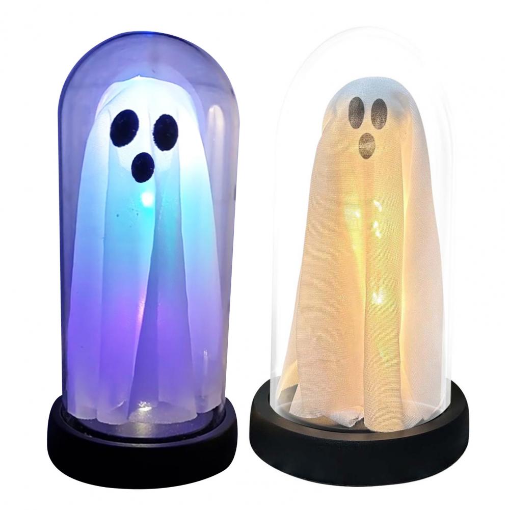 Spooky LED Ghost Cloche Light Halloween Decor Home Ambient Tabletop Glass Lighting Up for October Festive