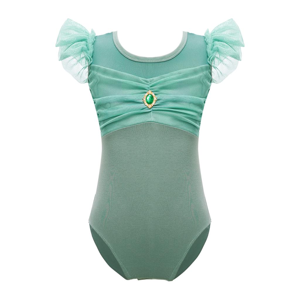 Girls Ruffle Sleeve Leotard Ruched Mesh Patchwork Cutout Back Bodysuit