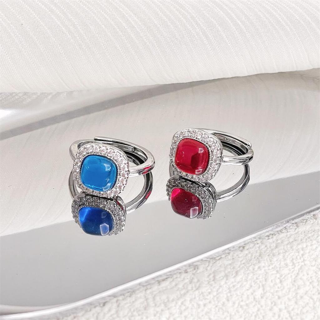 Color Diamond-Set Zircon Niche Design Open Ring Square Unique Light Luxury High Sense Exquisite Temperament Ring Woman