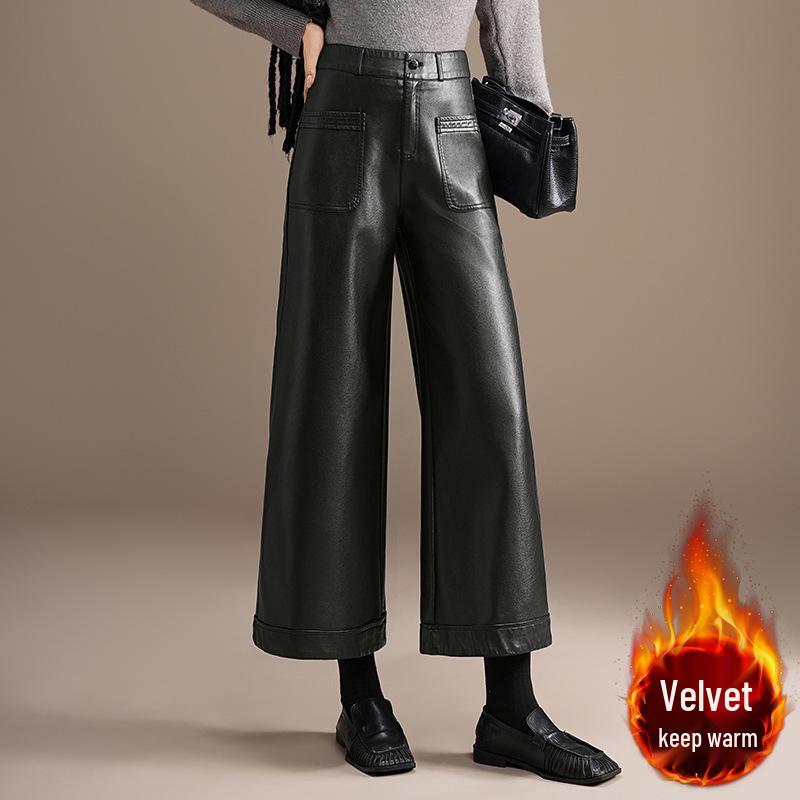 

2025 Winter Korean Style High-Waisted PU Leather Wide-Leg Pants with Plus Velvet XL чёрный