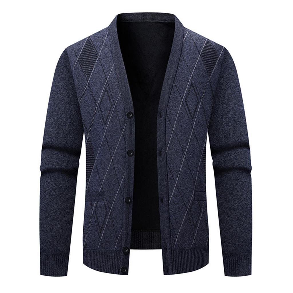 Men's V-neck Buttoned Fleece-lined Cardigan Sweater Long-sleeved Knitted Sweater Jacket