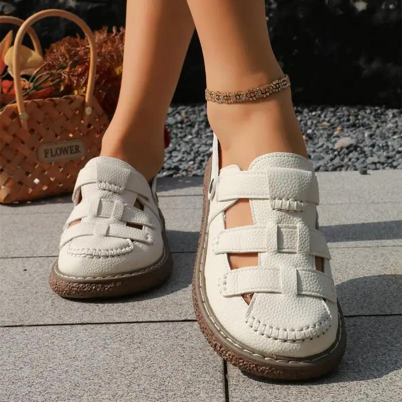 Fashion Vintage Hollow Out Back Strap Gladiator Sandals Classic Round Toe Low Heel Sandals Soft Thick Bottom Non Slip Mom's Shoes