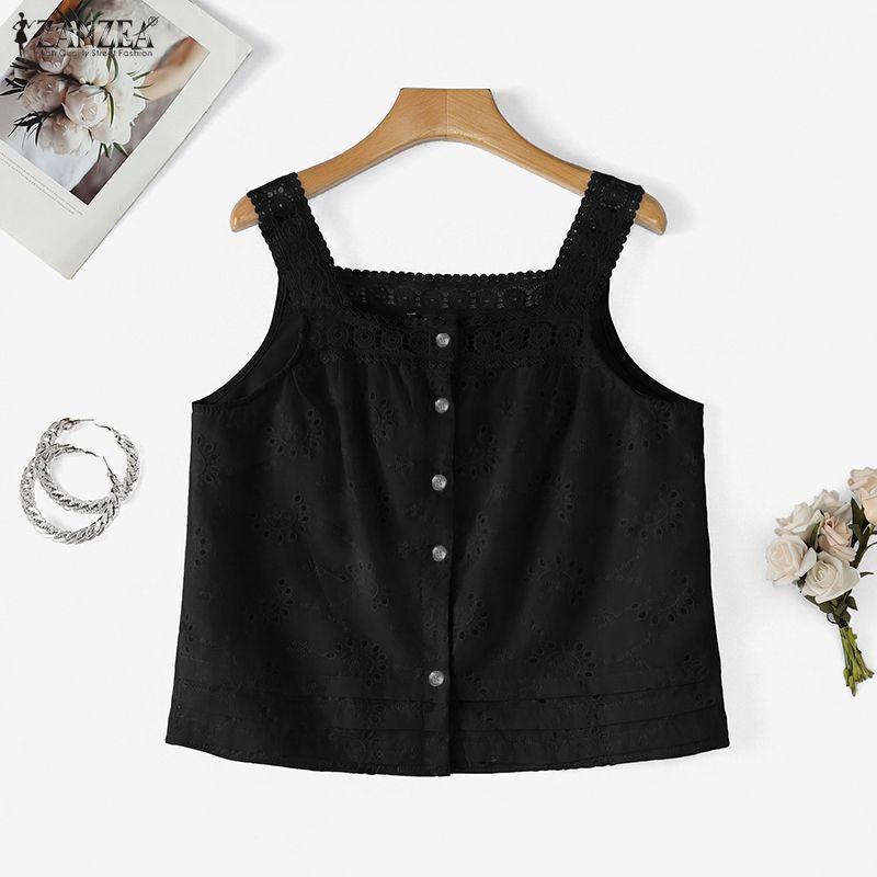 ZANZEA Women Lace Splice Square Collar Summer Casual Sleeveless Vest Tops