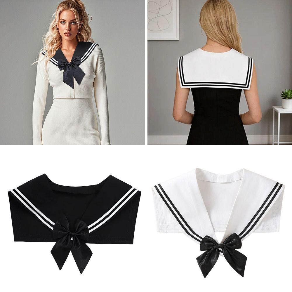 Striped Sailor Fake Collars Scarf Detachable Cotton Top Fake Collar Necklaces Black White Academy Style Sailor Suit Bow Tie