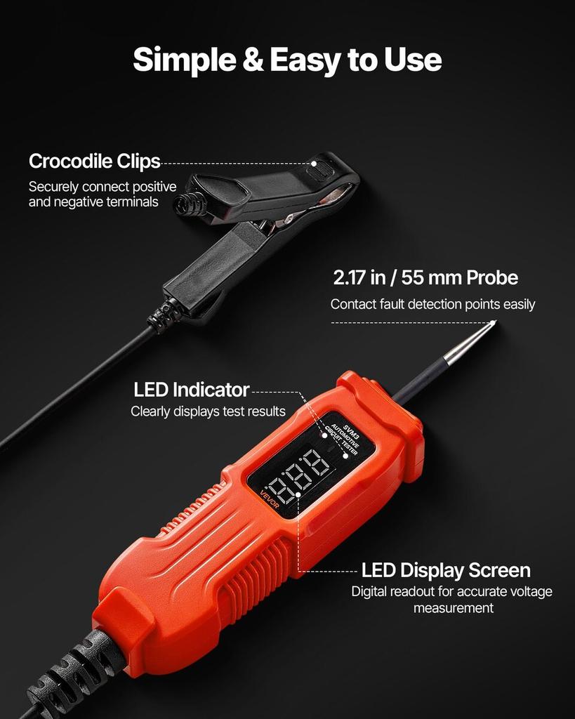 Automotive Circuit Tester, 3 - 72 DCV Power Circuit Probe Tester with LED Screen and Lighting, Automotive Power Tester Probe with 11.5 ft / 3.5 m