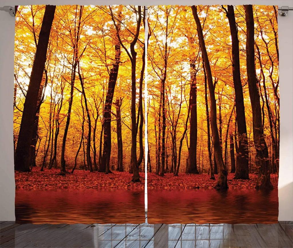 3D Curtain Tree Scenery for Bedroom, Autumn Forest Sunset Print, Light Curtain, Essential Polyester, 2 Panels
