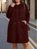 2025 Plus Size Women's Hooded Drawstring Dress - Solid Color, Long Sleeve, Autumn/Winter