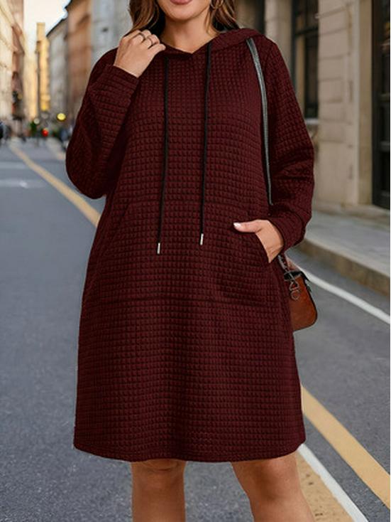 2025 Plus Size Women's Hooded Drawstring Dress - Solid Color, Long Sleeve, Autumn/Winter