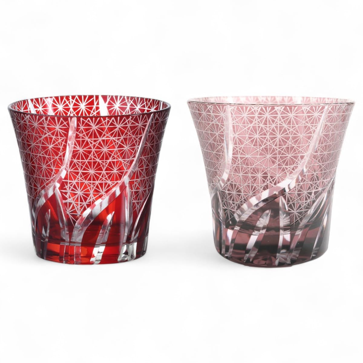 

Mizukage Kiriko Pair Glass Cups 240cc Random Carving Small Pattern Red Purple with Engraved Base Bishou Current Model J-kitchens 94xH85mm &