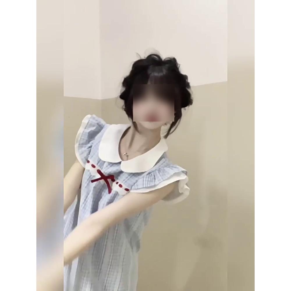 

Платье с полосатыми рукавами-фонариками, женское летнее, с кукольным воротником, милая юбка, повседневная мода, облегающее живот, короткая юбка XL- (recommended 110-60kg)