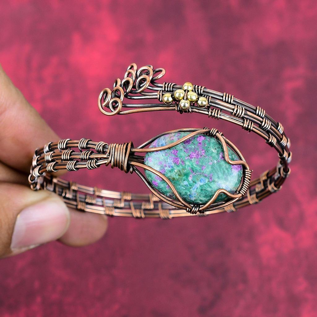 Ruby fuchsite bangle copper wire wrapped jewelry adjustable cuff bracelet handmade jewelry gemstone bangle gifts for her copper wire jewelry