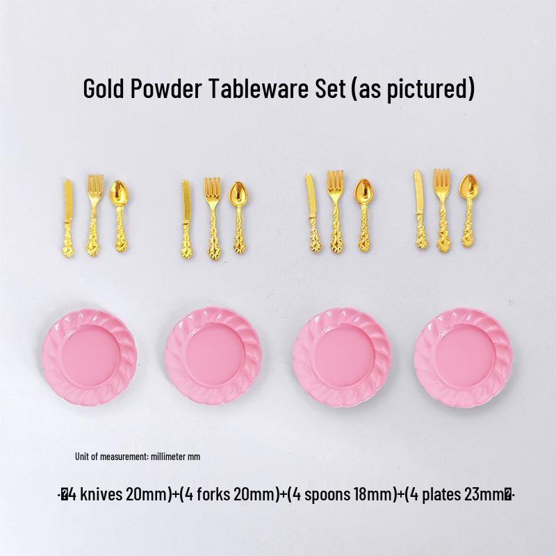 Miniature Dollhouse DIY Model Cake Set: Alloy Plate, Knife, Fork & Spoon Props