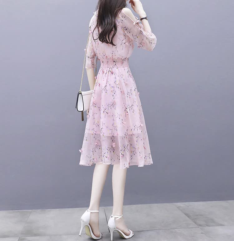 BLZXIAN Summer Floral Chiffon Dress with Flared and a Chiffon Skirt with a Crew Neck and Design Size Women's Skirt, Slimming, Long, Fairy-Style A-Line