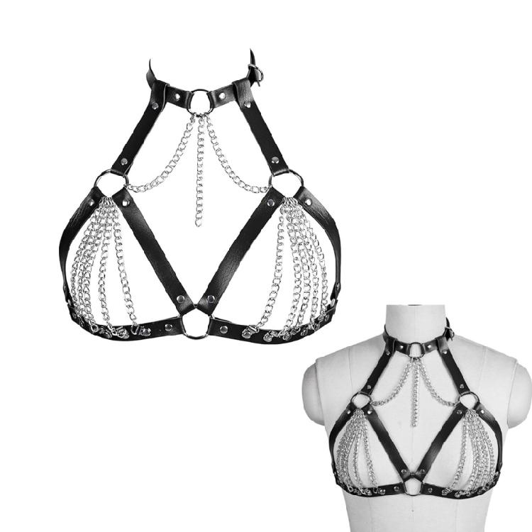 PU Leather Chest Harness with Eye Catching Chain Gothic Body Bra Harness for Parties and Unique Fashion Statements