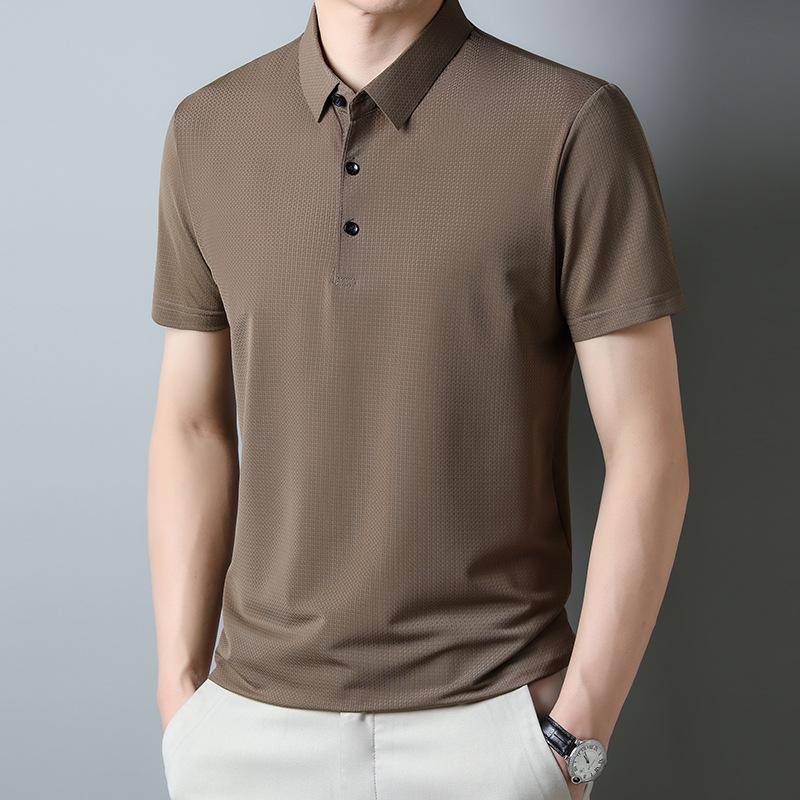 Men'S Solid Color Lapel Quick-Drying Waffle Loose Breathable Medium And Short-Sleeved T-Shirt Polo Shirt