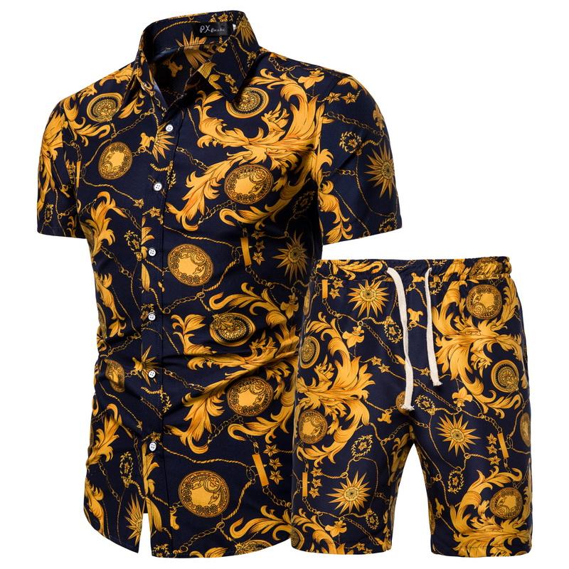 Men Sets Men Clothing Short Sleeve Shirt Shorts Set Floral Printed 2 Piece Set Summer Beach Wear Outfit for Men