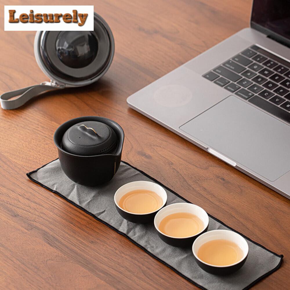 Zen Black Pottery Mountain Travel Tea Set Kit Luxury Set of Cups 1 Pot 3 Cups Tea Brewing Camping Portable Handbag Accessories