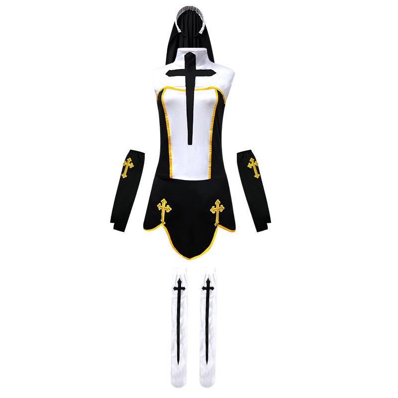 Halloween Costume Game Uniform Cosplay Nun Costume, Black and White Nun Costume Stage Performance Costume