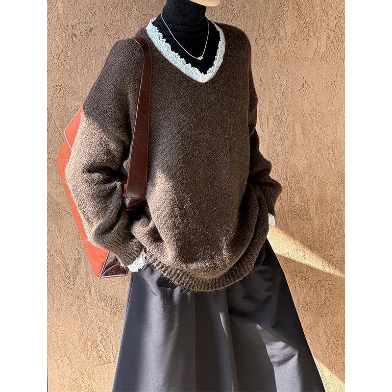 Ju Zhi 2024 Autumn/Winter Korean Loose Casual V-Neck Pullover Sweater Knitwear