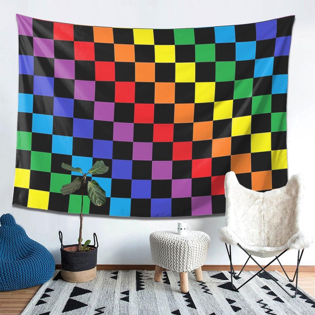 Checkered Rainbow Black Tapestry Decor Art Aesthetic Tapestries for Living Room Bedroom Home Wall Cloth Wall Hanging
