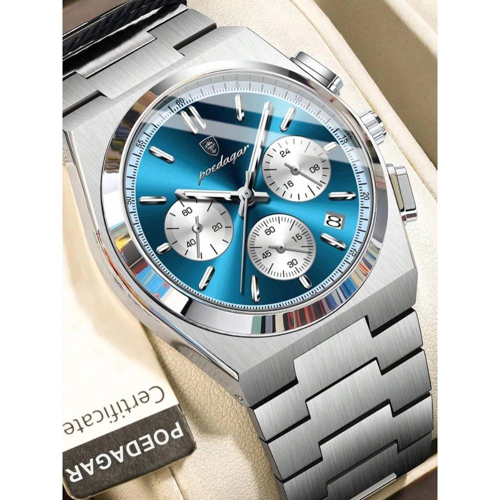 POEDAGAR Reloj de Hombre de Negocios Superior Cronógrafo Fecha Acero Inoxidable Reloj de Hombre Clásico Resistente al Agua Luminoso Relojes de Cuarzo para Hombre