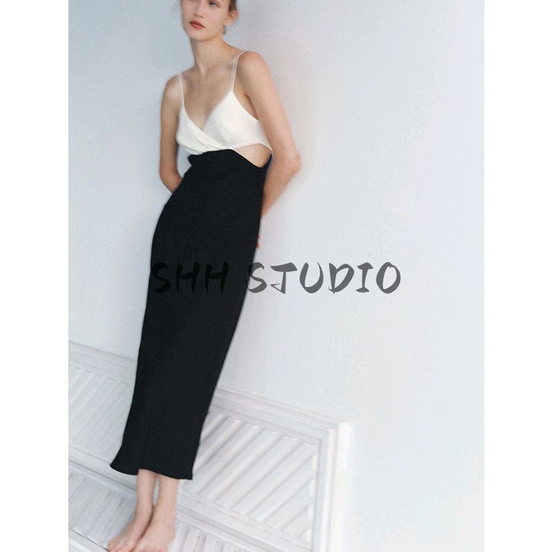 Spring New Women's Clothing French Style Silm V Neck Sleeveless Opening Design Patchwork Midi Skirt Dress 5029064