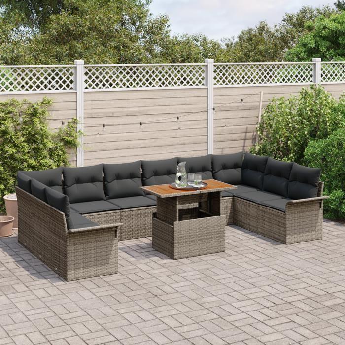 Ensemble de canapé de jardin de 11 pièces avec coussins gris en poly rotin, Canapé de jardin 2 places avec rangement 3358120