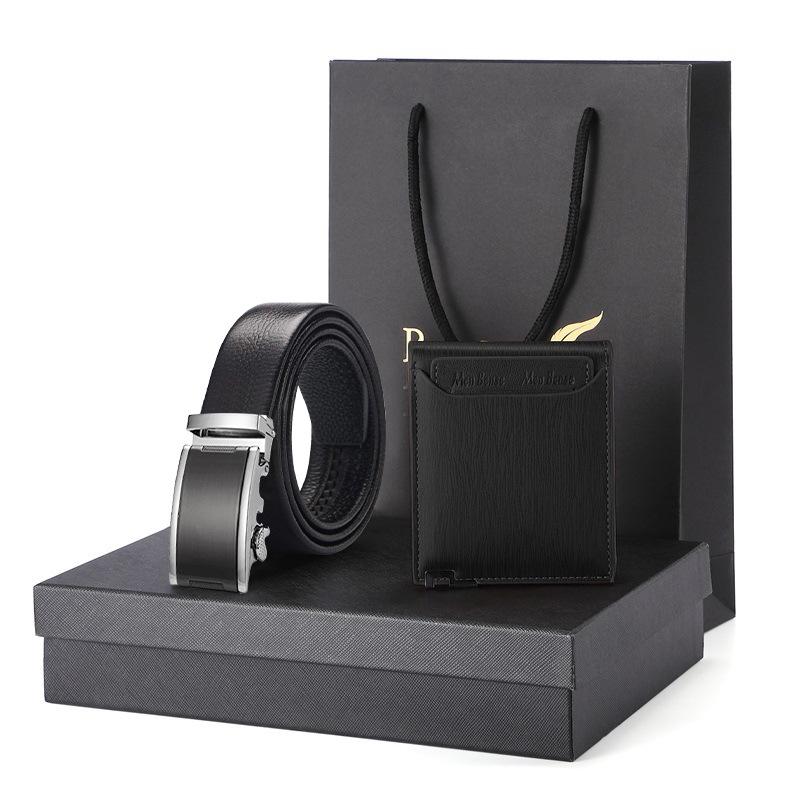 Men's Business Gift Set: Cowhide Wallet with Automatic Buckle Belt