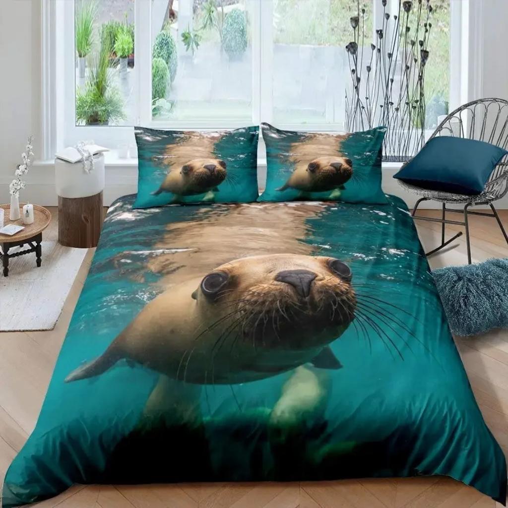 Seal Bedding Set fur seal Duvet Cover Marine life quilt cover Pillowcase King Size Marine Life Polyester Comforter Cover