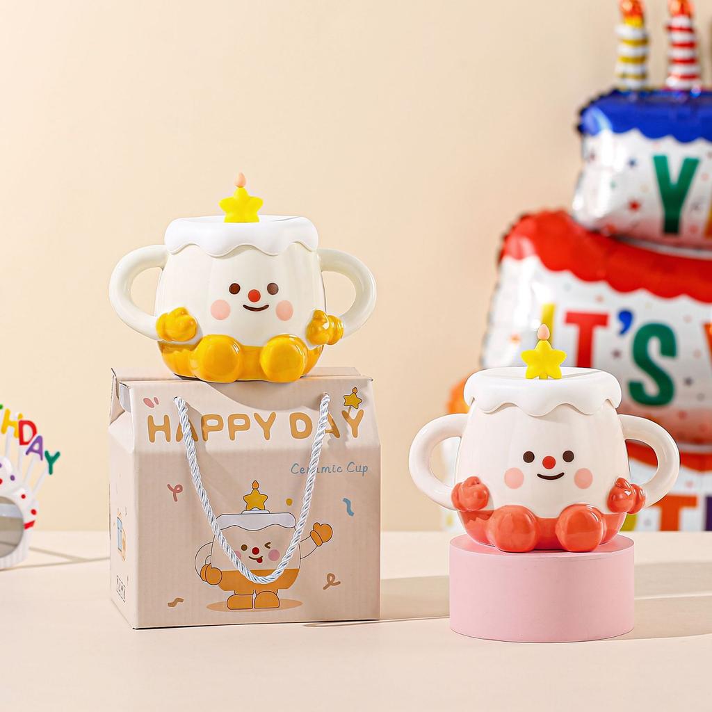 Small Gift Box with Lid Cartoon Smiling Face Ceramic Cup Large Capacity High Temperature Resistant Girls Mug Suit Souvenir Gift Cup