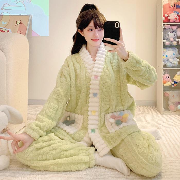 Women’s Winter Coral Fleece Pajama Set - Long Sleeve Flannel Cardigan, Thick Warm Plus Size Home Wear