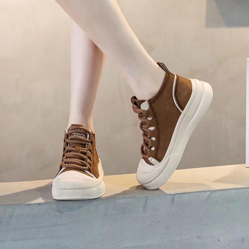 2025 New Women Casual Sneakers Quality Genuine Leather Mixed Colors Flat Platform Lightweight College Style High Top Board Shoes