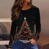 Women's Fashion Casual Slit Hem Round Neck Long Sleeve Loose Christmas Printed T-Shirt Ladies Top