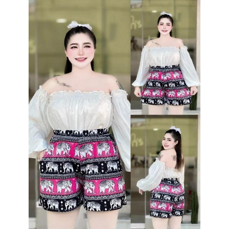 Elephant Wide Legs Shorts Pants Plus Size Adjustable Elastic High Waistband Women Print Thailand Casual Streetwear Beach Bohemian Retro Vintage