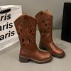 Hollow Embroidery Western Cowboy Boots Women's 2025 Autumn New Brown V-mouth But Knee Boots Medium Tube Knight Boots