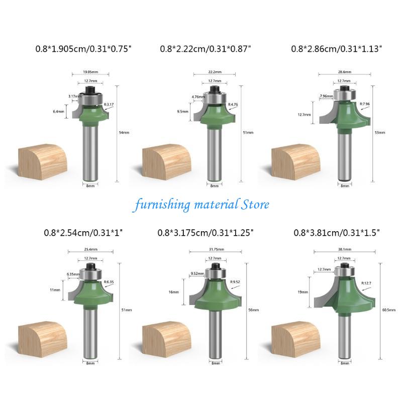Y5GD 8mm Shank 6pcs Roundover Router Bits for Edge Processing Milling Cutter