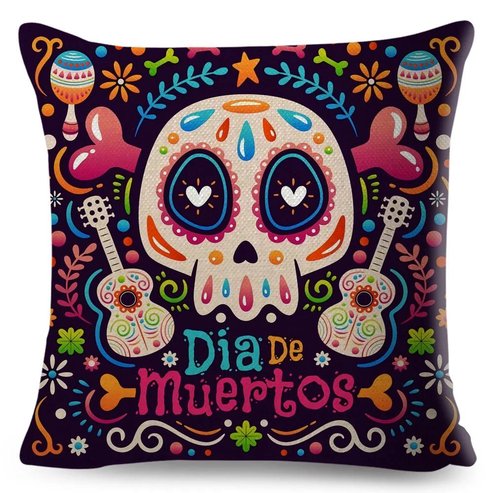 Day Of The Dead Pillowcase Decor Cartoon Mexico Flower Skull Print Cushion Cover for Sofa Home Polyester Pillow Case 45x45cm