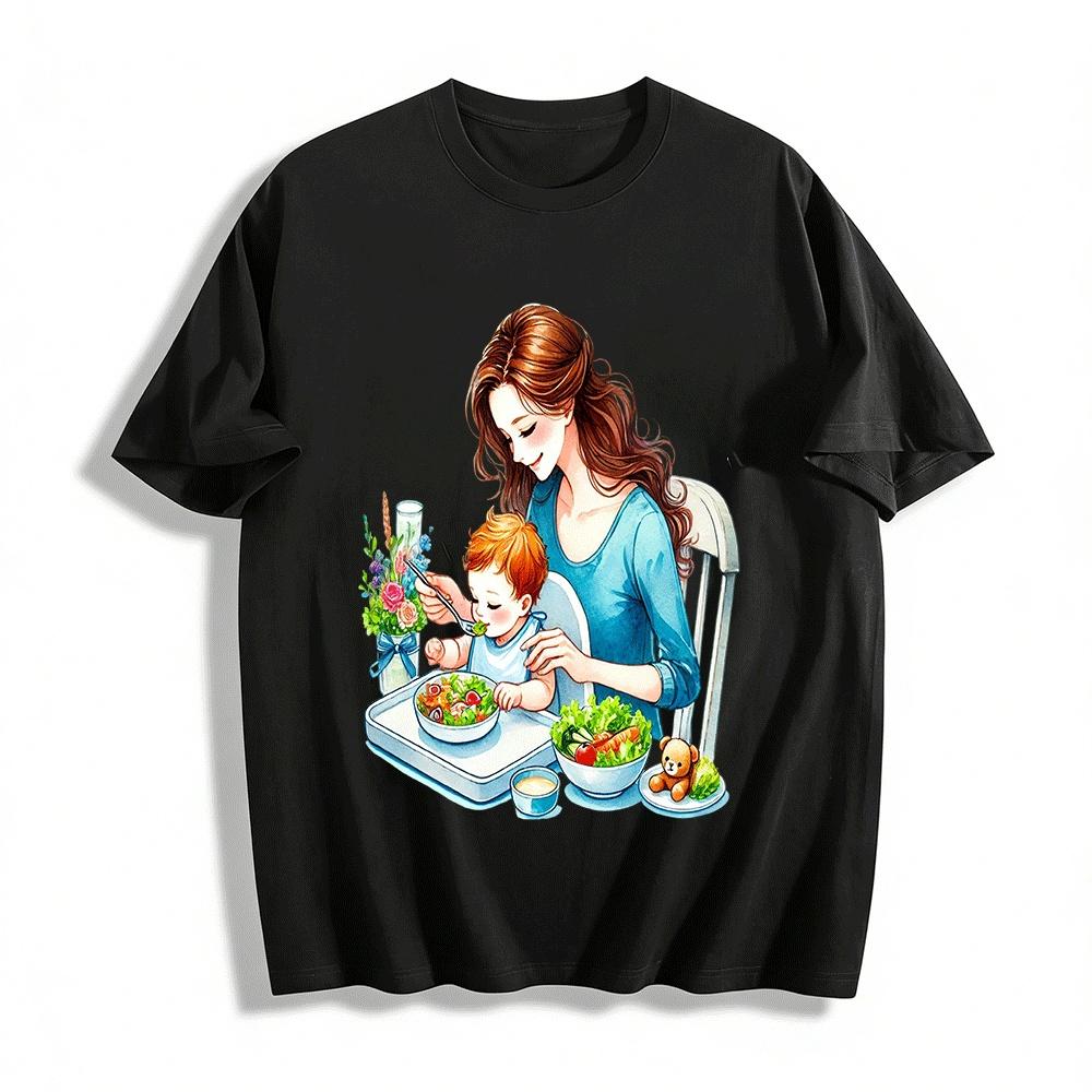 Mother Feeding Baby Print T-shirt Warm Parent-Child Casual Top Pure cotton T-shirt XXS
