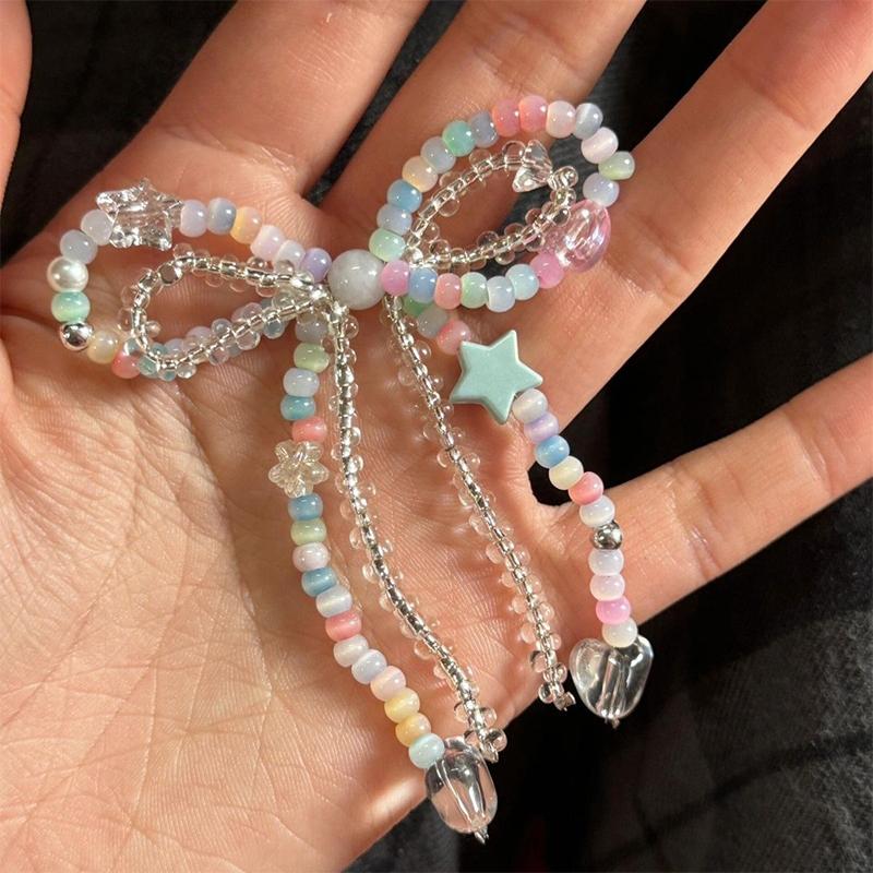 Sweet Color Beads Mobile Phone Chain Cute Bow Beaded Cellphone Pendant Charms Women Cell Phone Case Jewelry