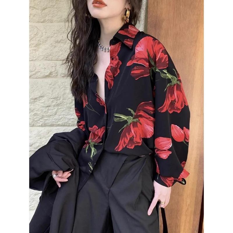 

Women s Black Floral Print Shirt Long Sleeve Loose Casual Blouse S красный