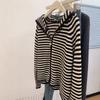 Black and white striped hooded knitted cardigan zipper sweater jacket women's top loose lazy style high sense