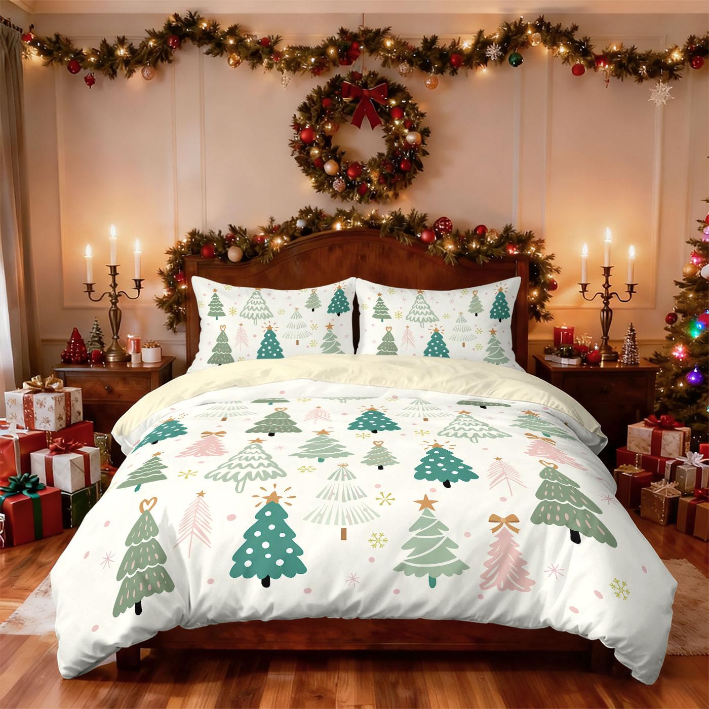 

3 шт. Мультяшный принт рождественской елки Бесчиповый комплект постельного белья Мягкий Набор для общежития Спальни Несколько размеров Праздничное украшение Машинная стирка 135x200cm-EU-Single&set