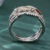 Vintage Two Color Inlaid White Red Green CZ Women's Ring Geometry Hollow Daily Wear Party Jewelry
