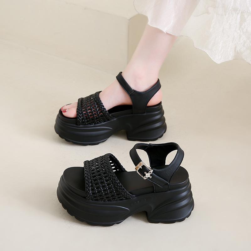 

Buckle muffin thick heel one-word open-toed sandals heel handmade women s high-end production woven thick-soled hollow versatile women s shoes 39 чёрный