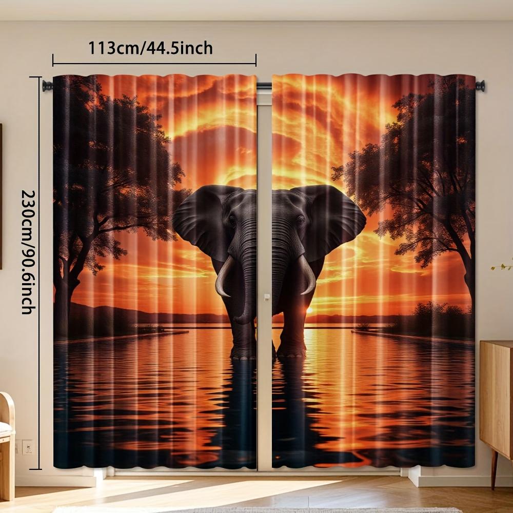 2pcs   Elegant Elephant Sunset Water Reflection Artwork Pattern Curtains Light Filtering Polyester Rod Pocket Design for Bedroom
