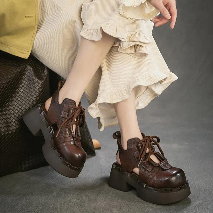 Johnature Retro Sandały z Prawdziwej Skóry z Wycięciami Okrągły Nosek Sznurowane Gruba Podeszwa Buty Damskie